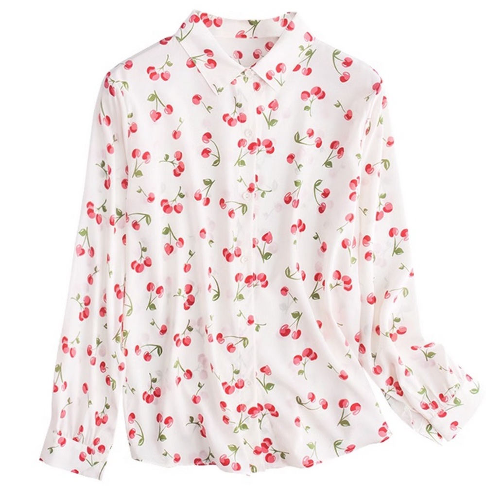 Designer Carra Cherry Print Button Down Shirt - White